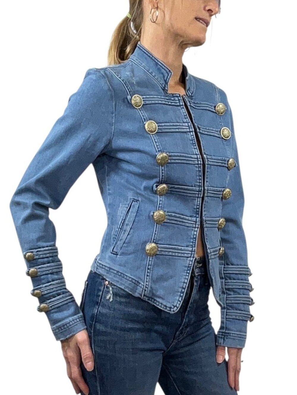 Free People Fitted Military Denim Jacket S Blue Cropped - Picture 5 of 16